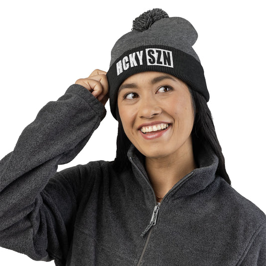HCKY SZN Embroidered Pom-Pom Beanie - Dark Grey/Black
