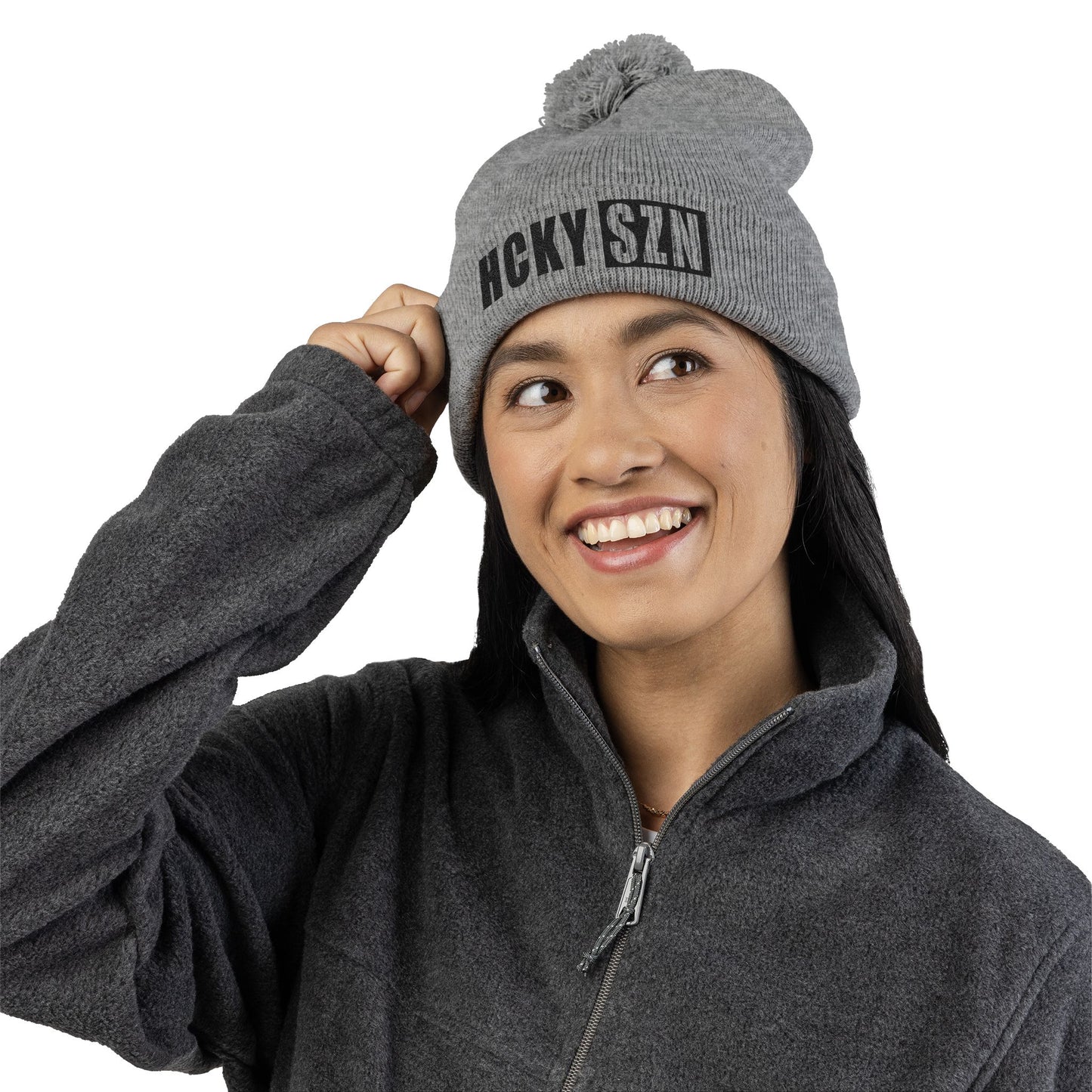 HCKY SZN Embroidered Pom-Pom Beanie - Grey