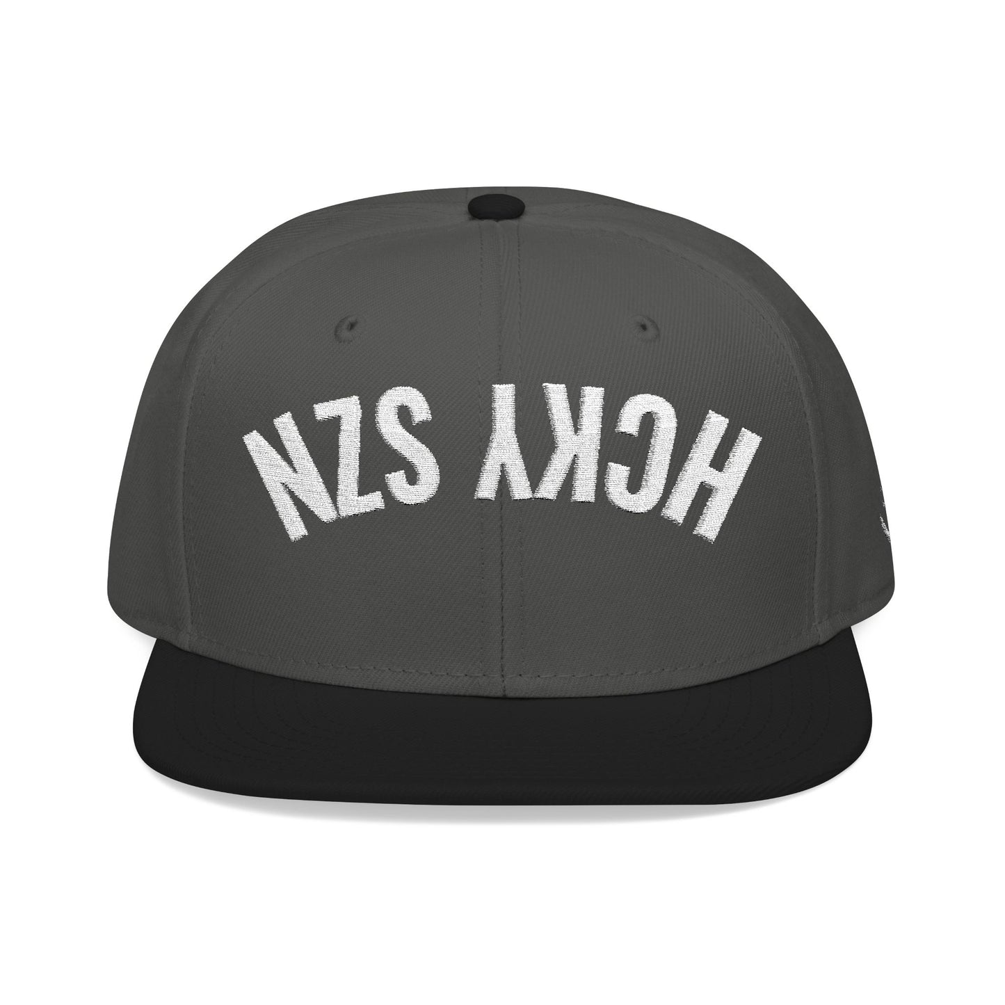 Upside Down HCKY SZN Embroidered Snapback Hat (Black/Charcoal)