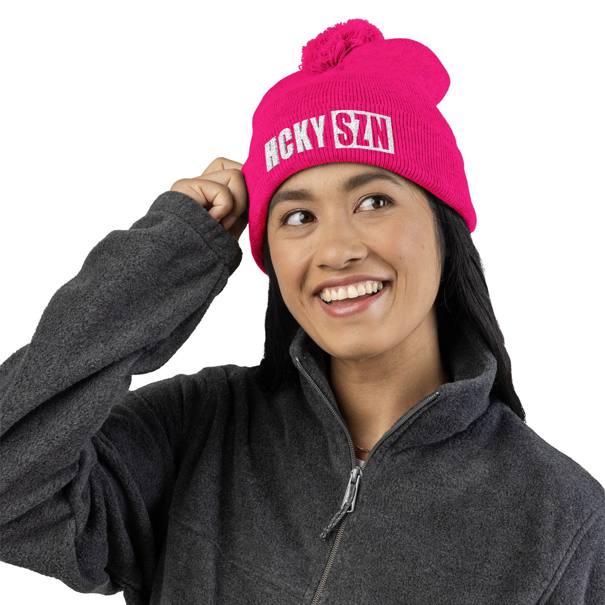 HCKY SZN Embroidered Pom-Pom Beanie - Neon Pink