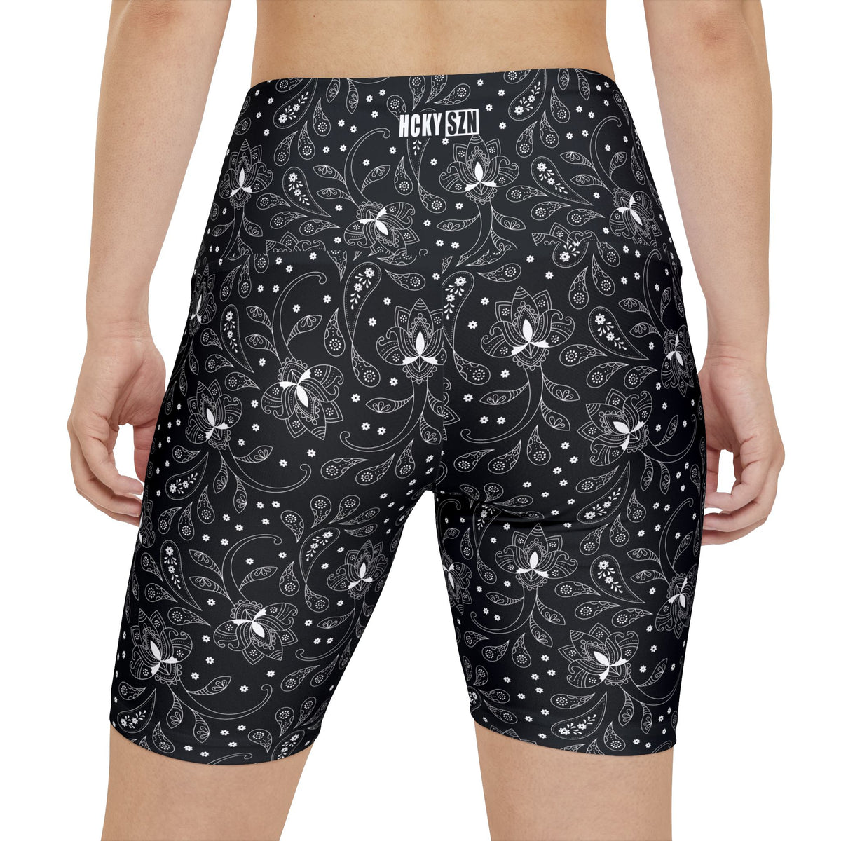 HKY SZN High Waisted Workout Shorts (Black Paisley)