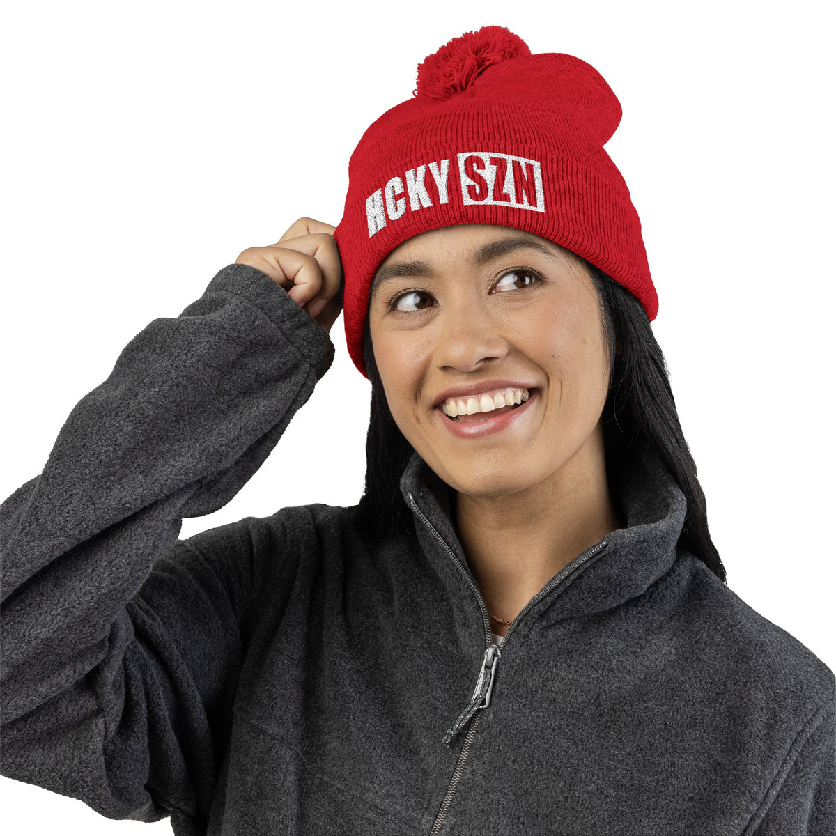 HCKY SZN Embroidered Pom-Pom Beanie - Red