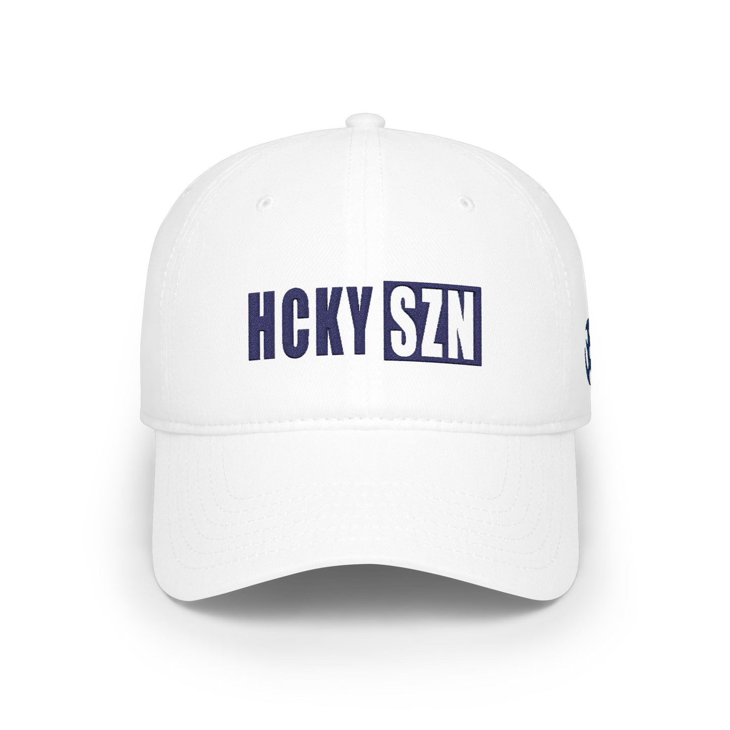 HCKY SZN Low Profile Embroidered Baseball Cap - White (Blue Logo)
