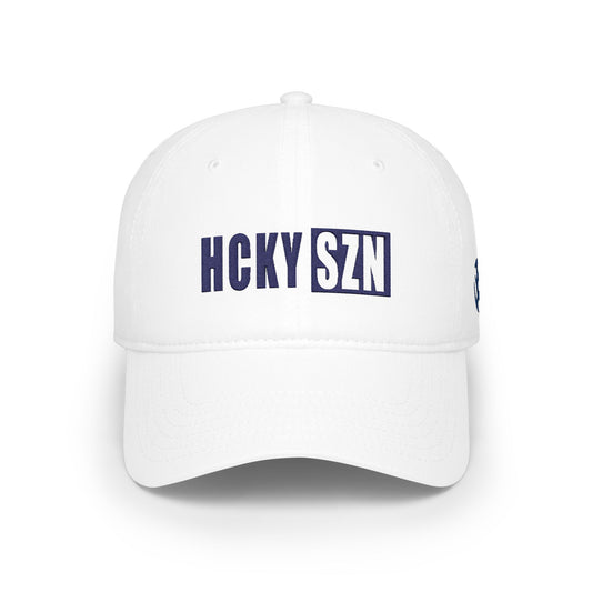 HCKY SZN Low Profile Embroidered Baseball Cap - White (Blue Logo)