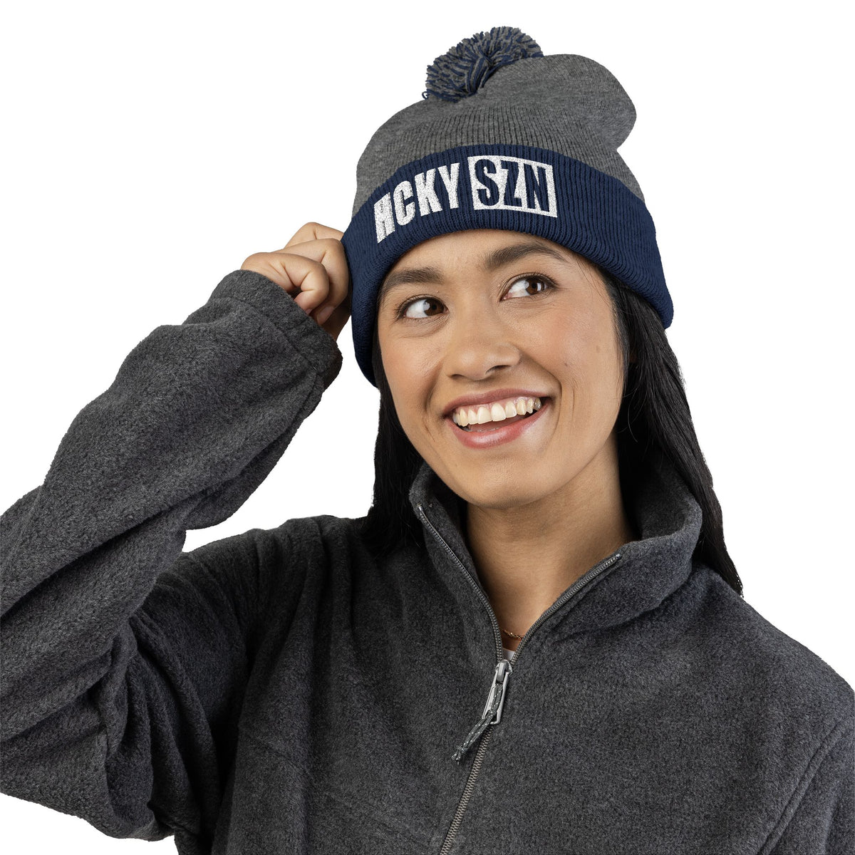 HCKY SZN Embroidered Pom-Pom Beanie - Dark Grey/Navy