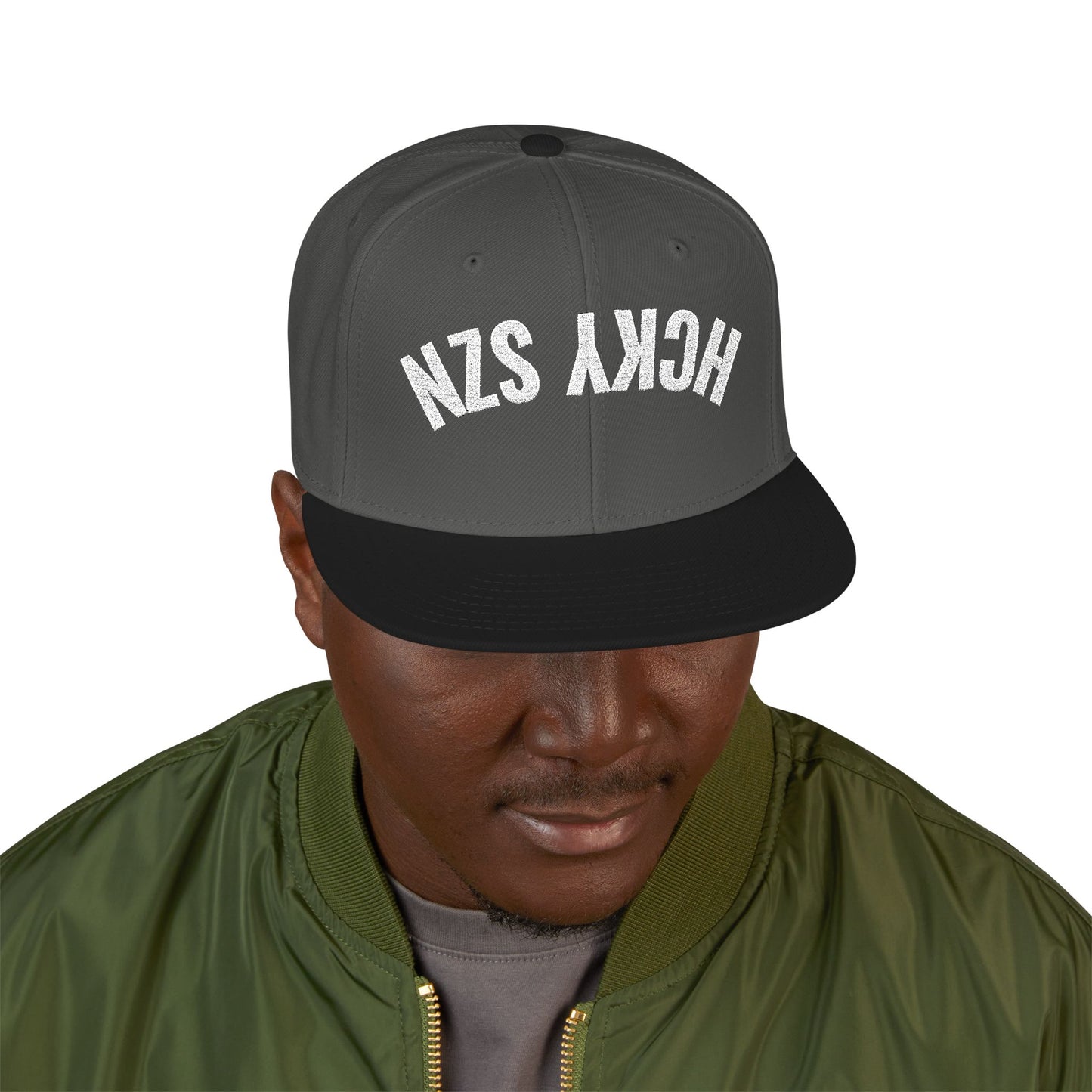 Upside Down HCKY SZN Embroidered Snapback Hat (Black/Charcoal)