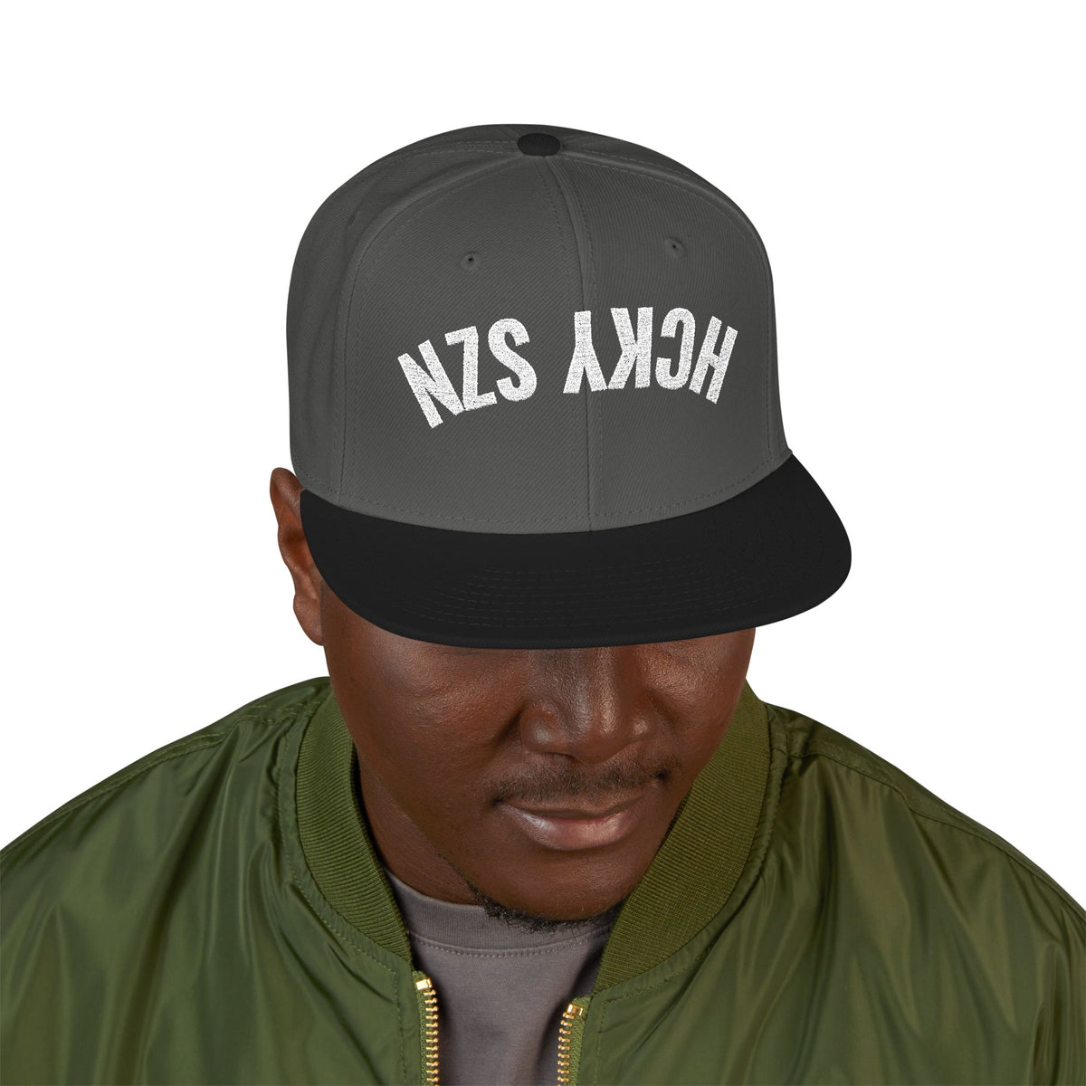 Upside Down HCKY SZN Embroidered Snapback Hat (Black/Charcoal)
