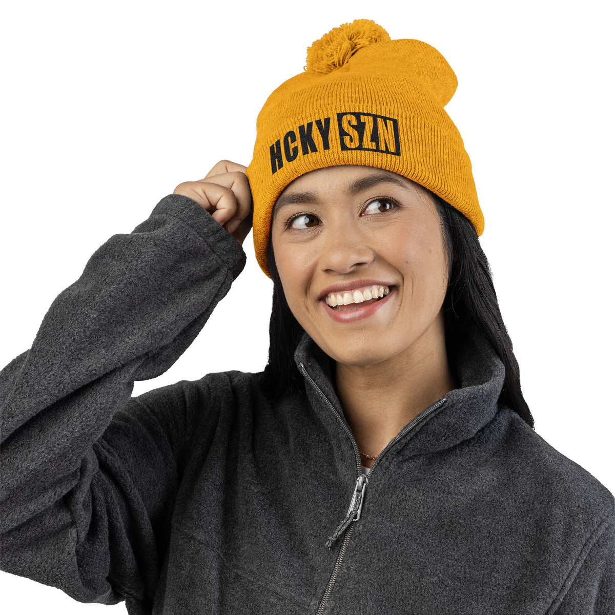 HCKY SZN Embroidered Pom-Pom Beanie - Gold