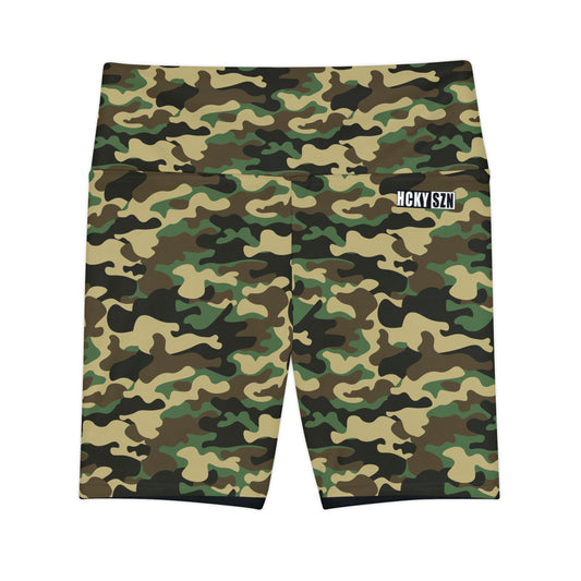 HKY SZN High Waisted Workout Shorts (Forest Camo)