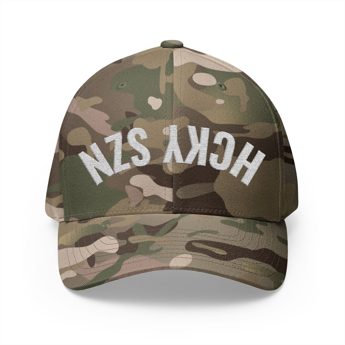 Upside Down HCKY SZN Embroidered Flex Fit Hat (Green Camo)