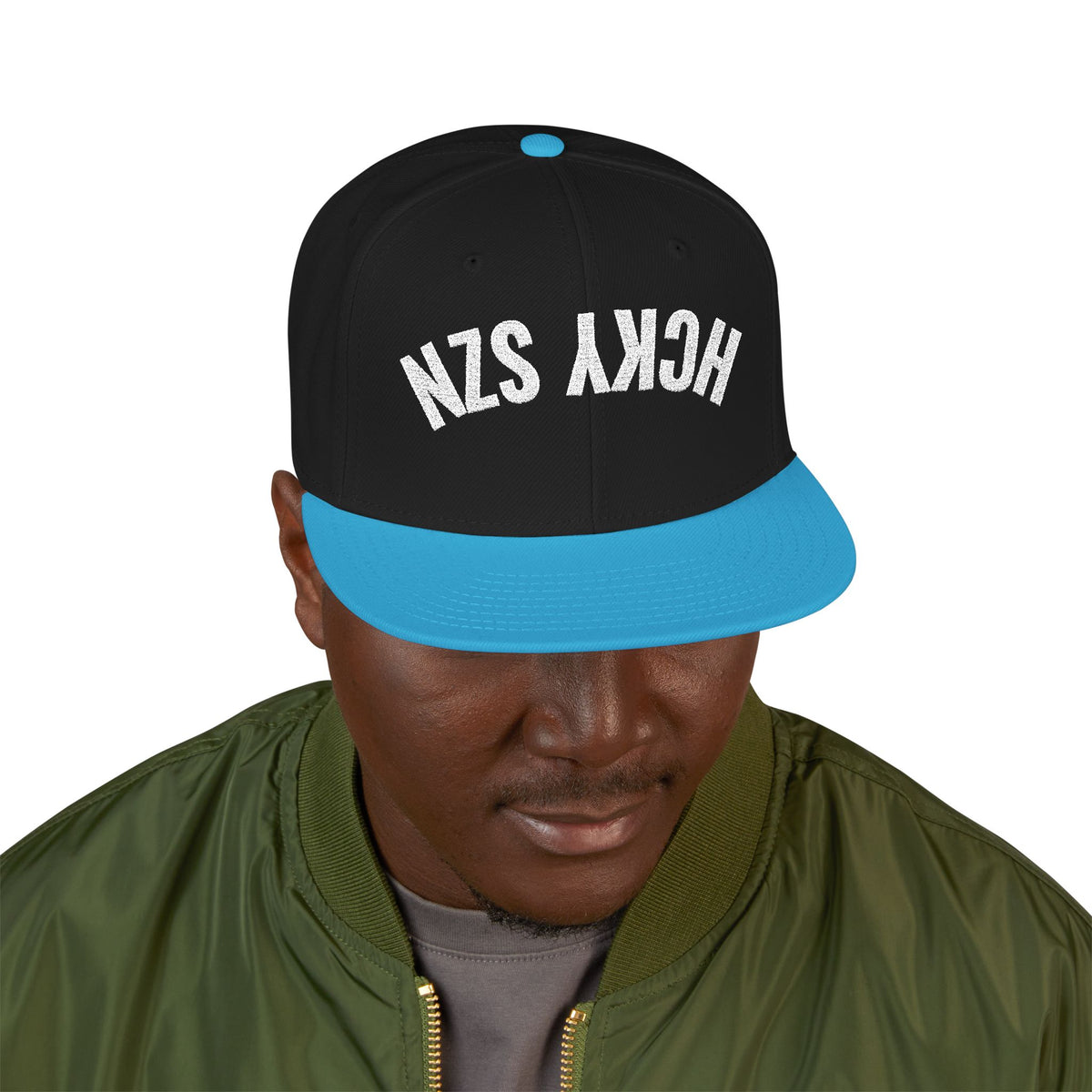Upside Down HCKY SZN Embroidered Snapback Hat (Black/Aqua)