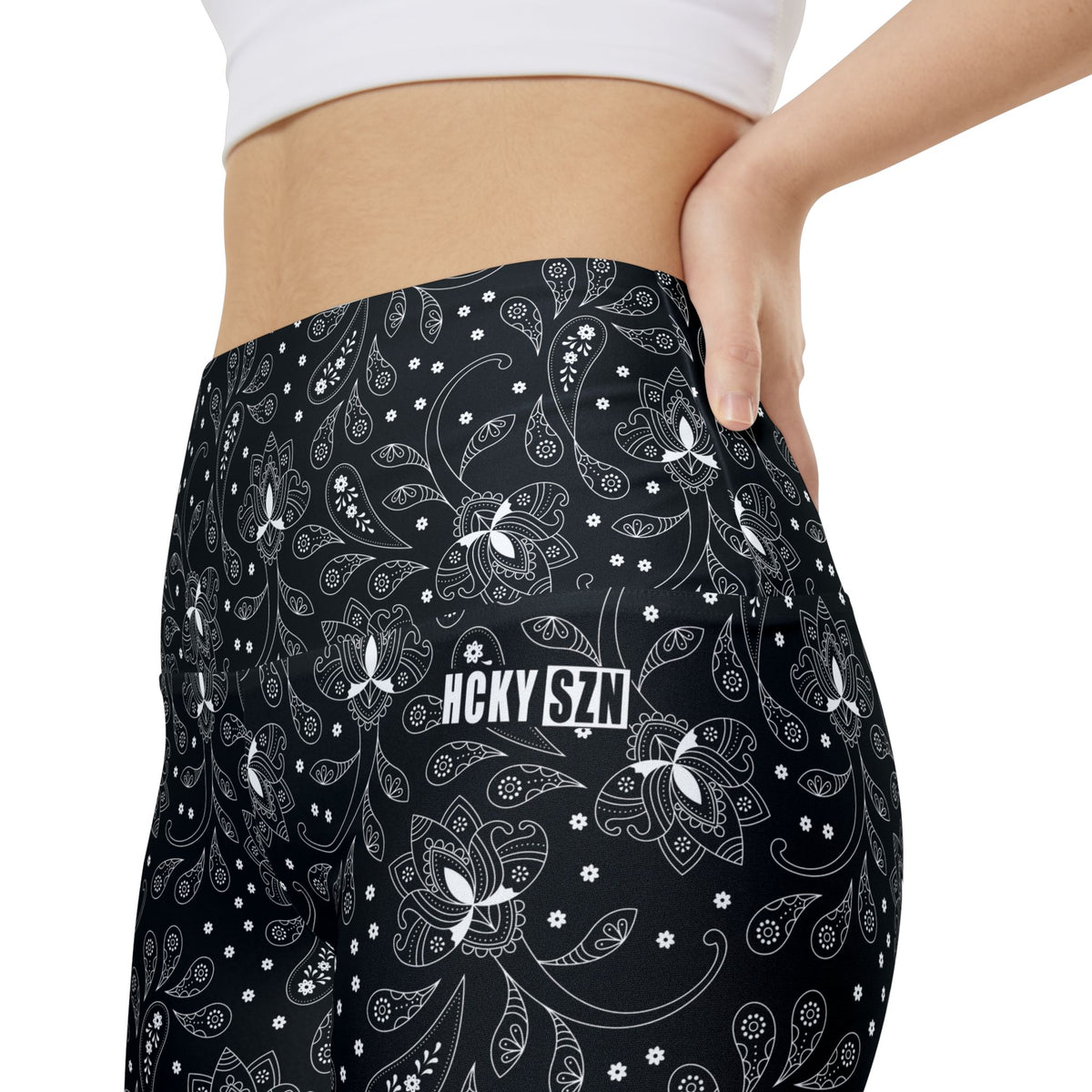 HKY SZN High Waisted Workout Shorts (Black Paisley)