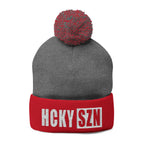 HCKY SZN Embroidered Pom-Pom Beanie - Dark Grey/Red
