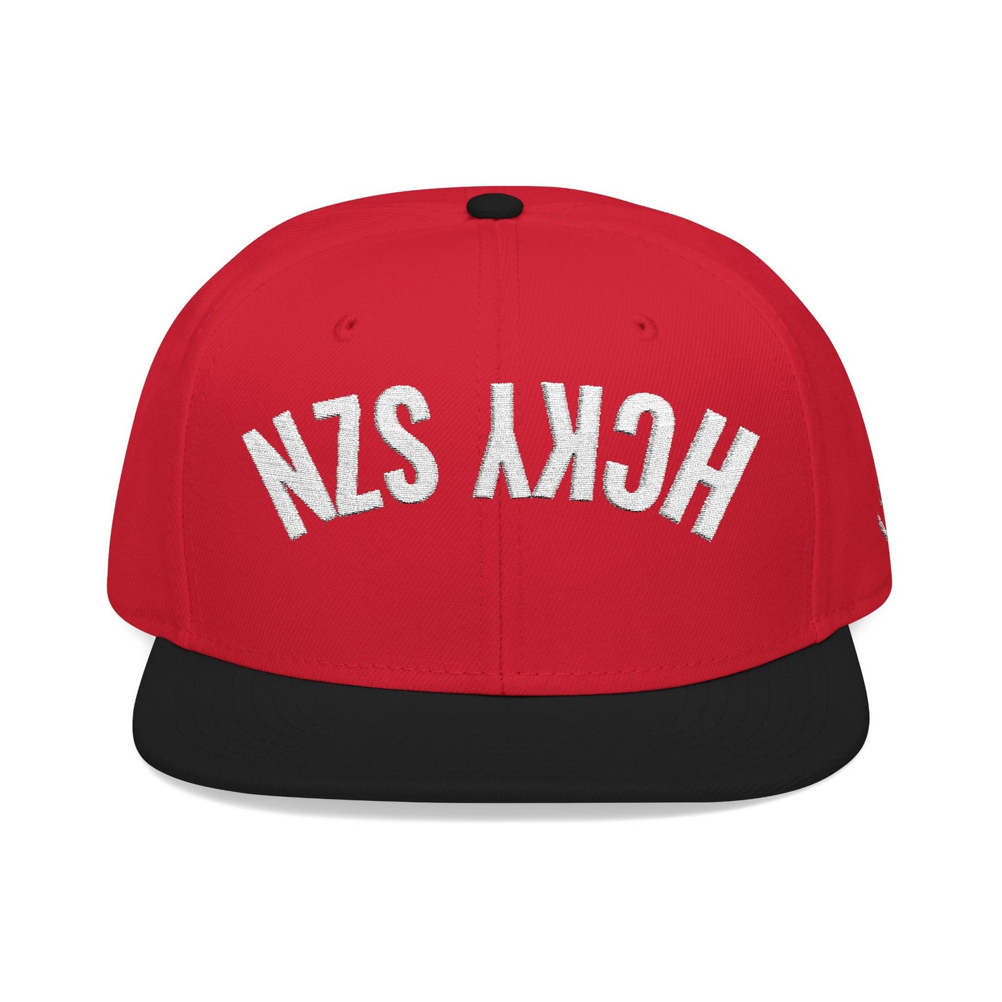 Upside Down HCKY SZN Embroidered Snapback Hat (Red/Black)