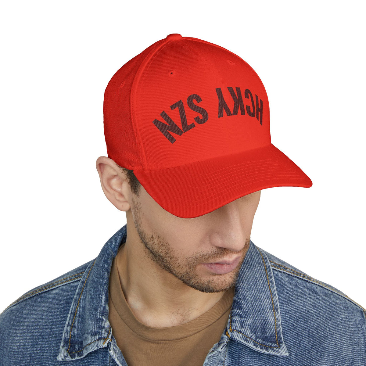 Upside Down HCKY SZN Embroidered Flex Fit Hat (Red/Black)