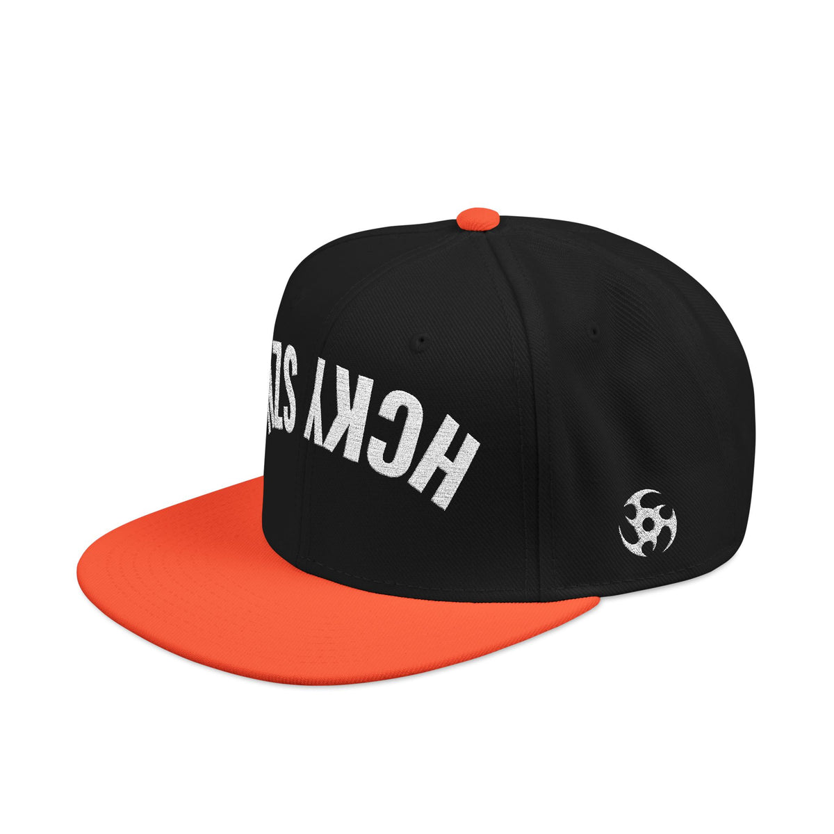 Upside Down HCKY SZN Embroidered Snapback Hat (Black/Orange)