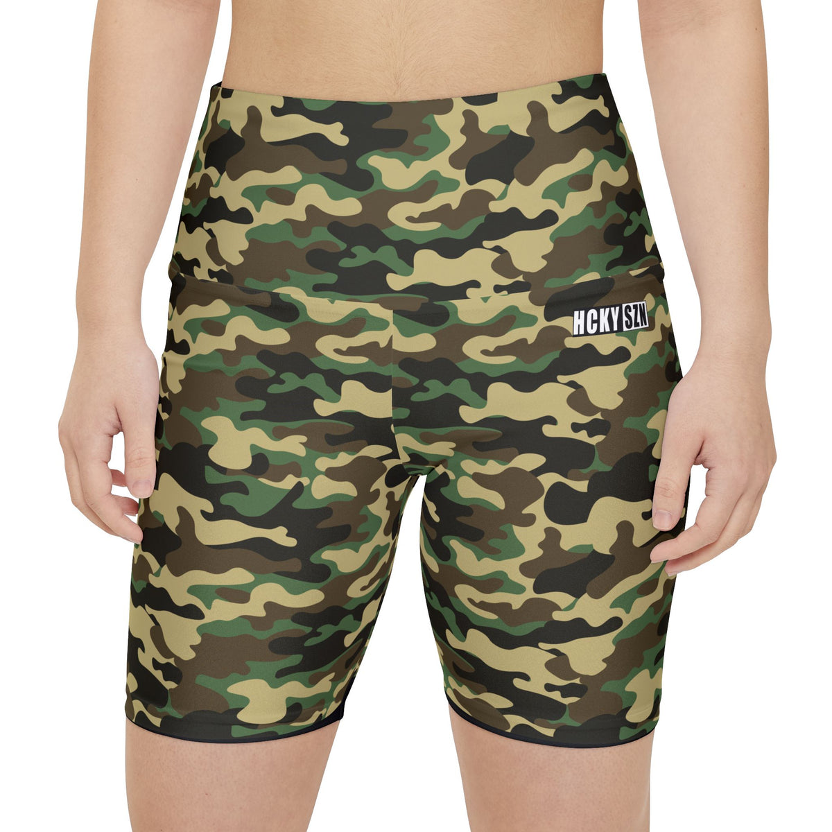 HKY SZN High Waisted Workout Shorts (Forest Camo)