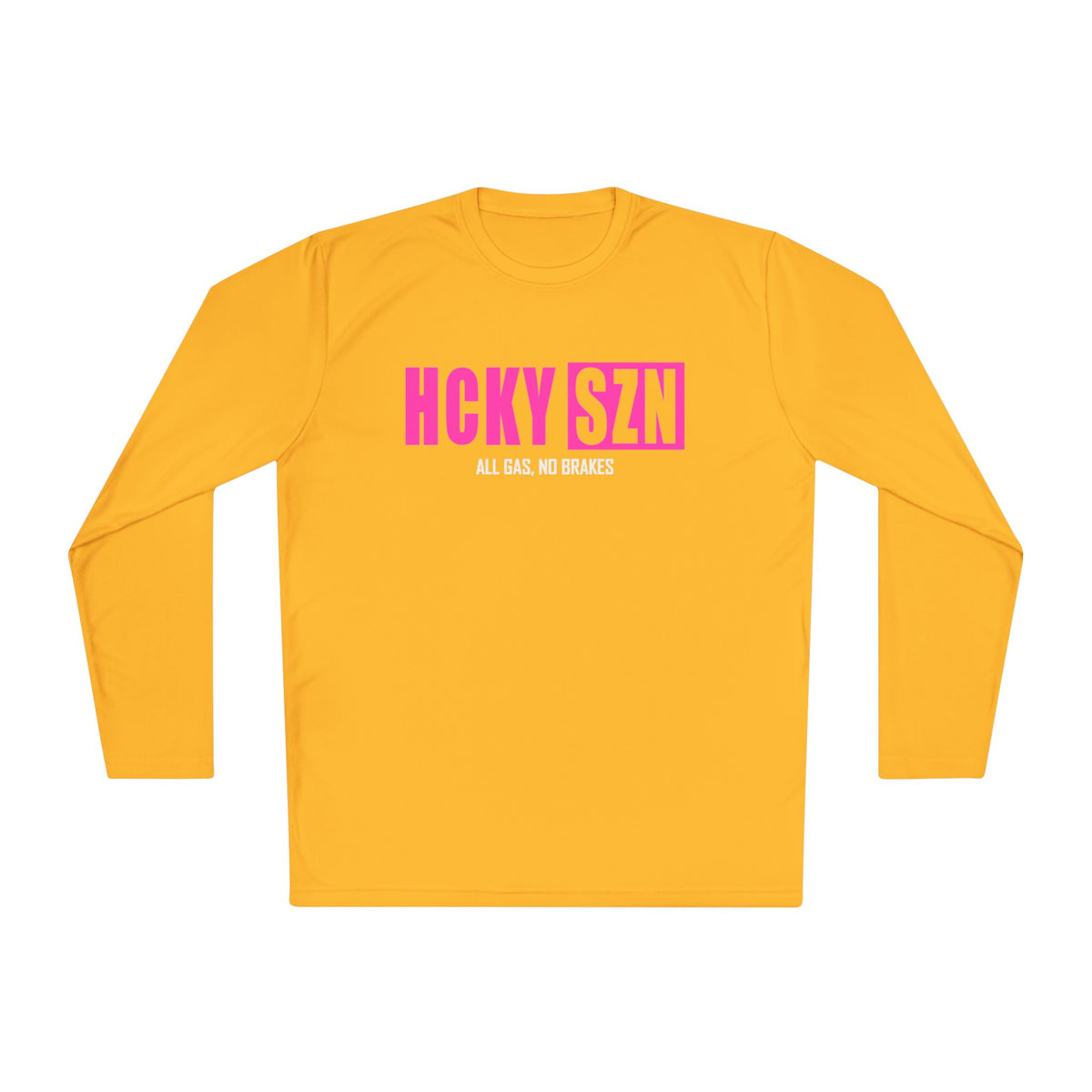 HCKYSZN (All Gas) Long Sleeve Adult Performance Tee - Gold/Hot Pink/White