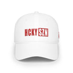HCKY SZN Low Profile Embroidered Baseball Cap - White (Red Logo)