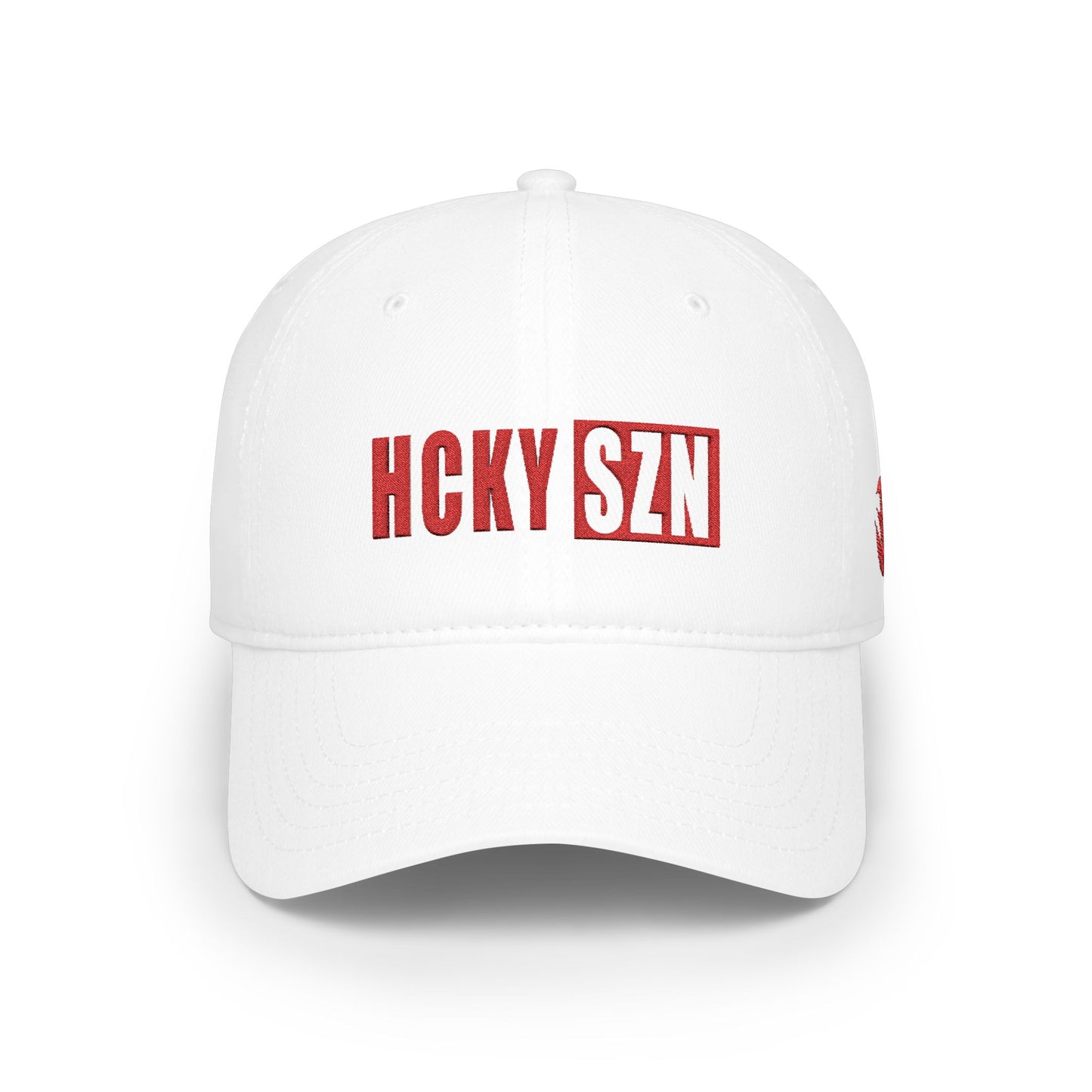 HCKY SZN Low Profile Embroidered Baseball Cap - White (Red Logo)