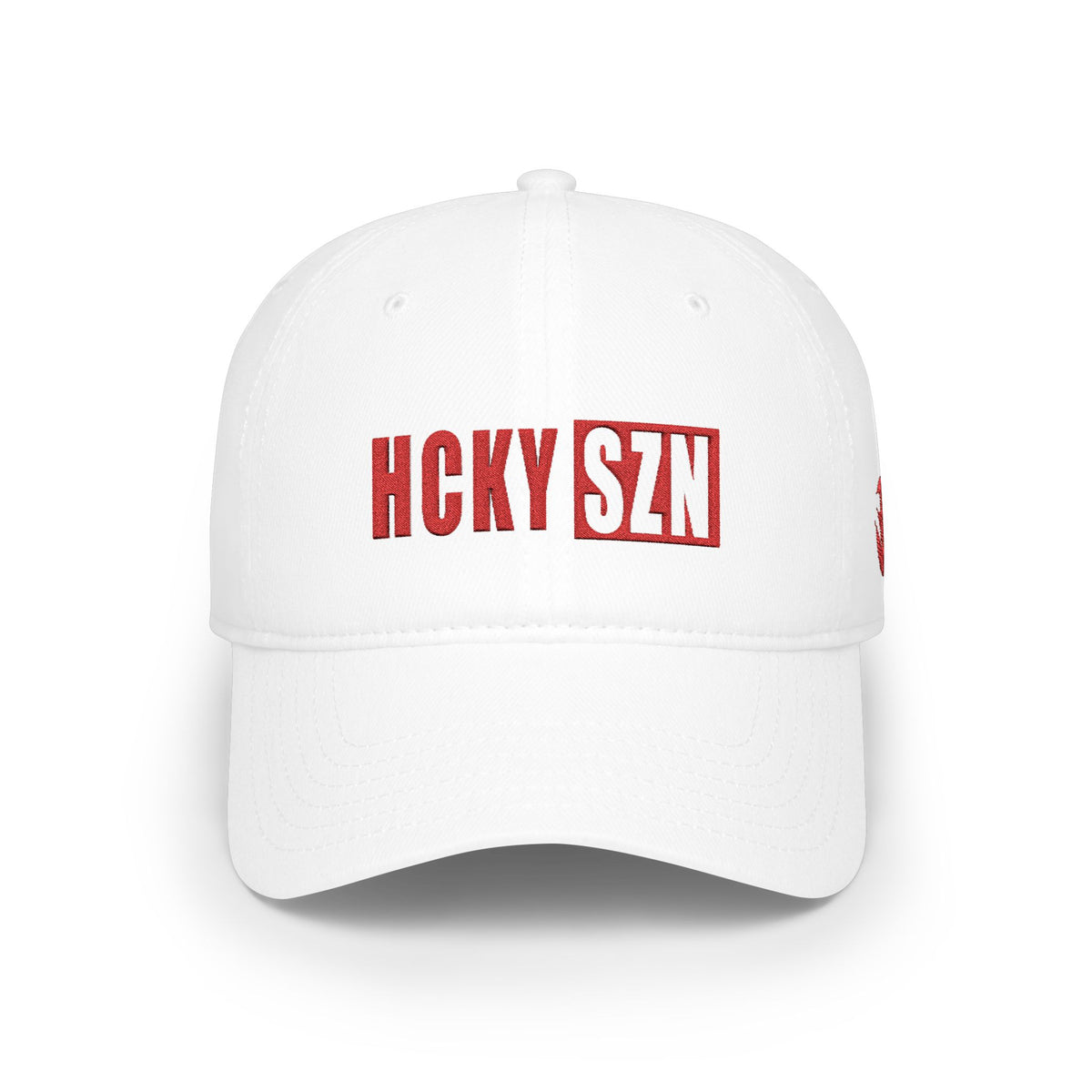 HCKY SZN Low Profile Embroidered Baseball Cap - White (Red Logo)