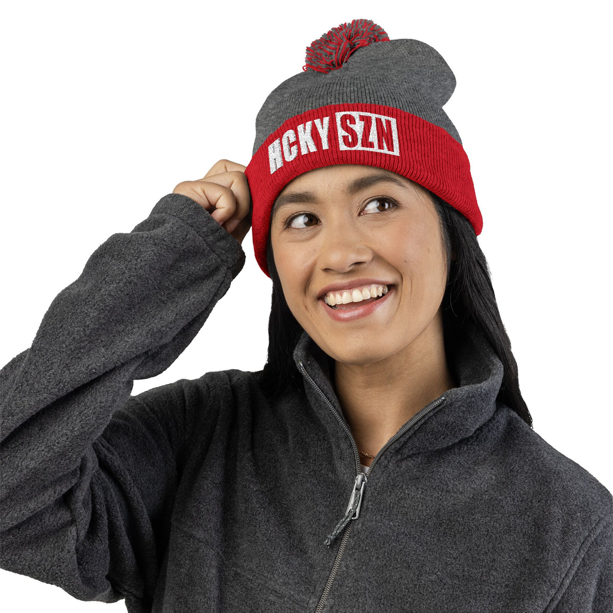 HCKY SZN Embroidered Pom-Pom Beanie - Dark Grey/Red
