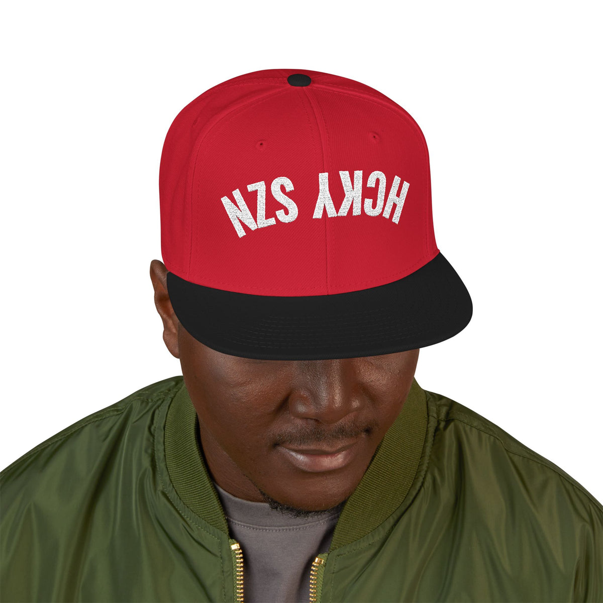 Upside Down HCKY SZN Embroidered Snapback Hat (Red/Black)