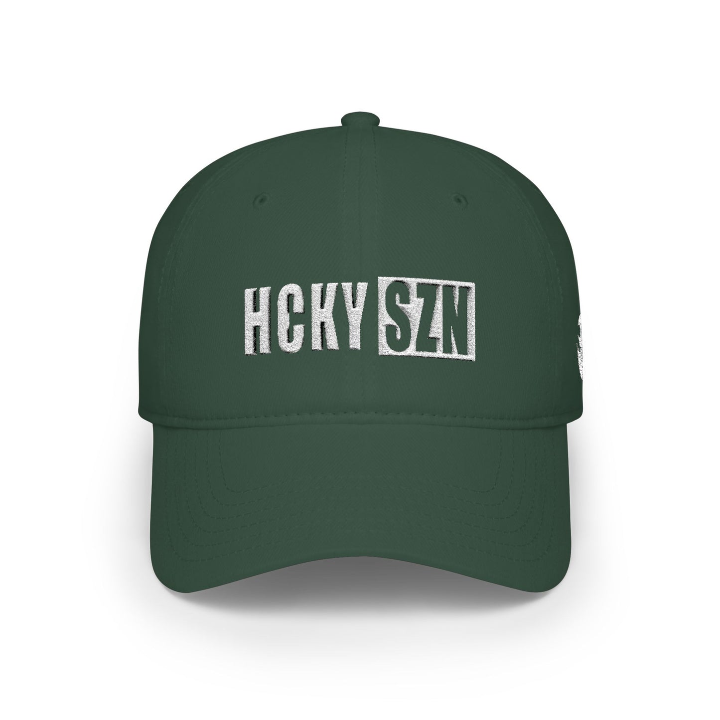 HCKY SZN Low Profile Embroidered Baseball Cap - Forest Green (White Logo)