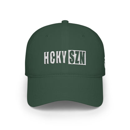 HCKY SZN Low Profile Embroidered Baseball Cap - Forest Green (White Logo)