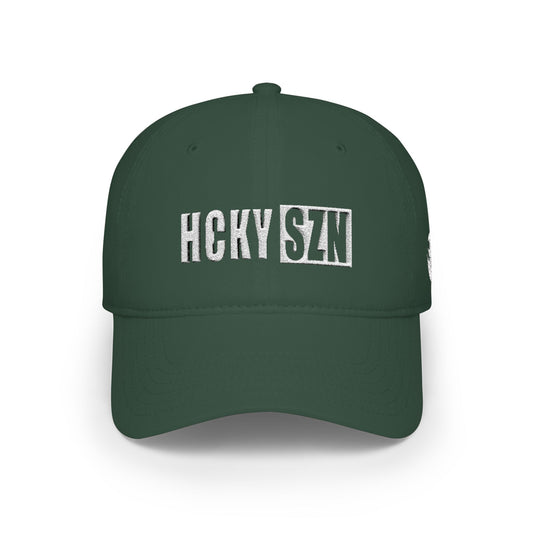 HCKY SZN Low Profile Embroidered Baseball Cap - Forest Green (White Logo)
