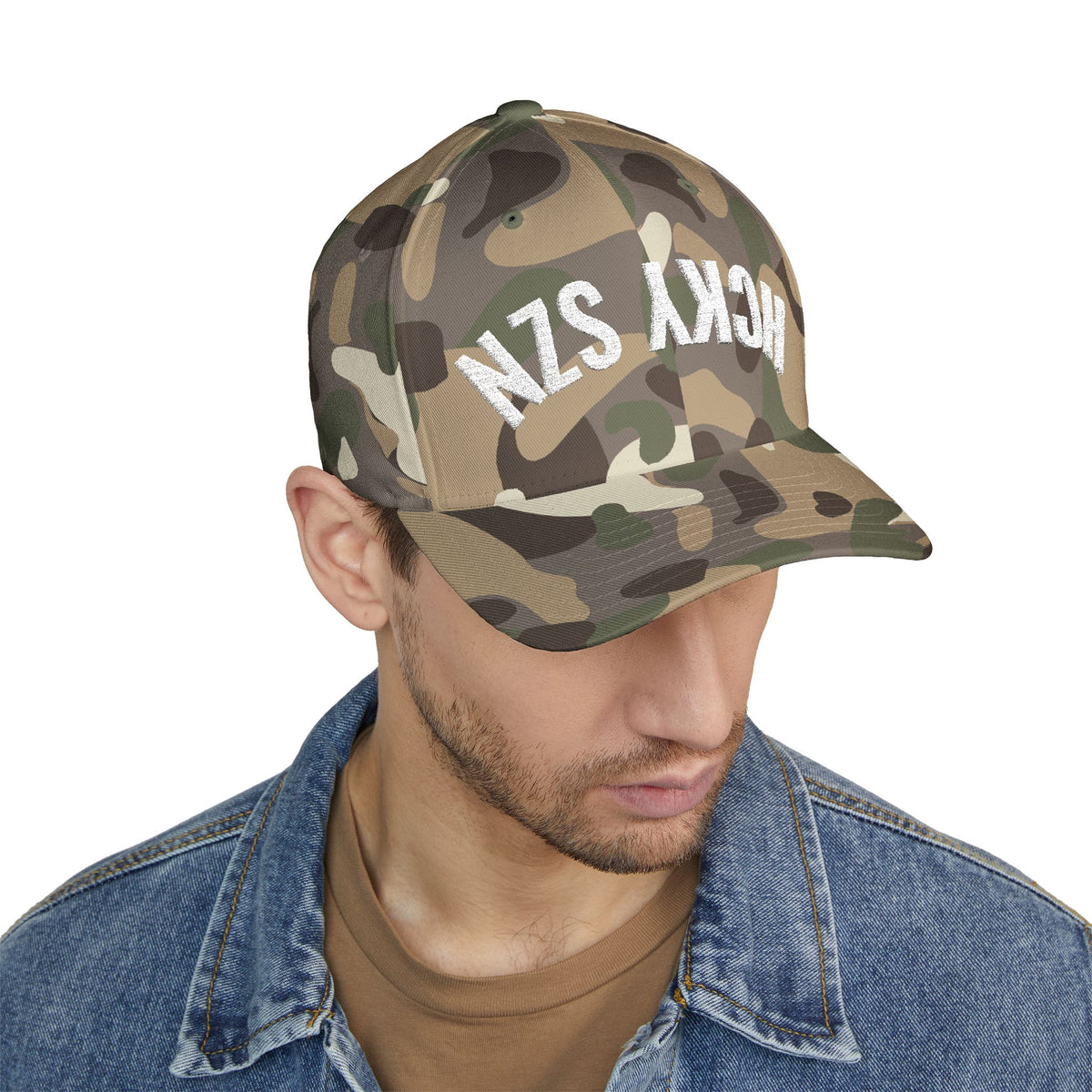 Upside Down HCKY SZN Embroidered Flex Fit Hat (Green Camo)