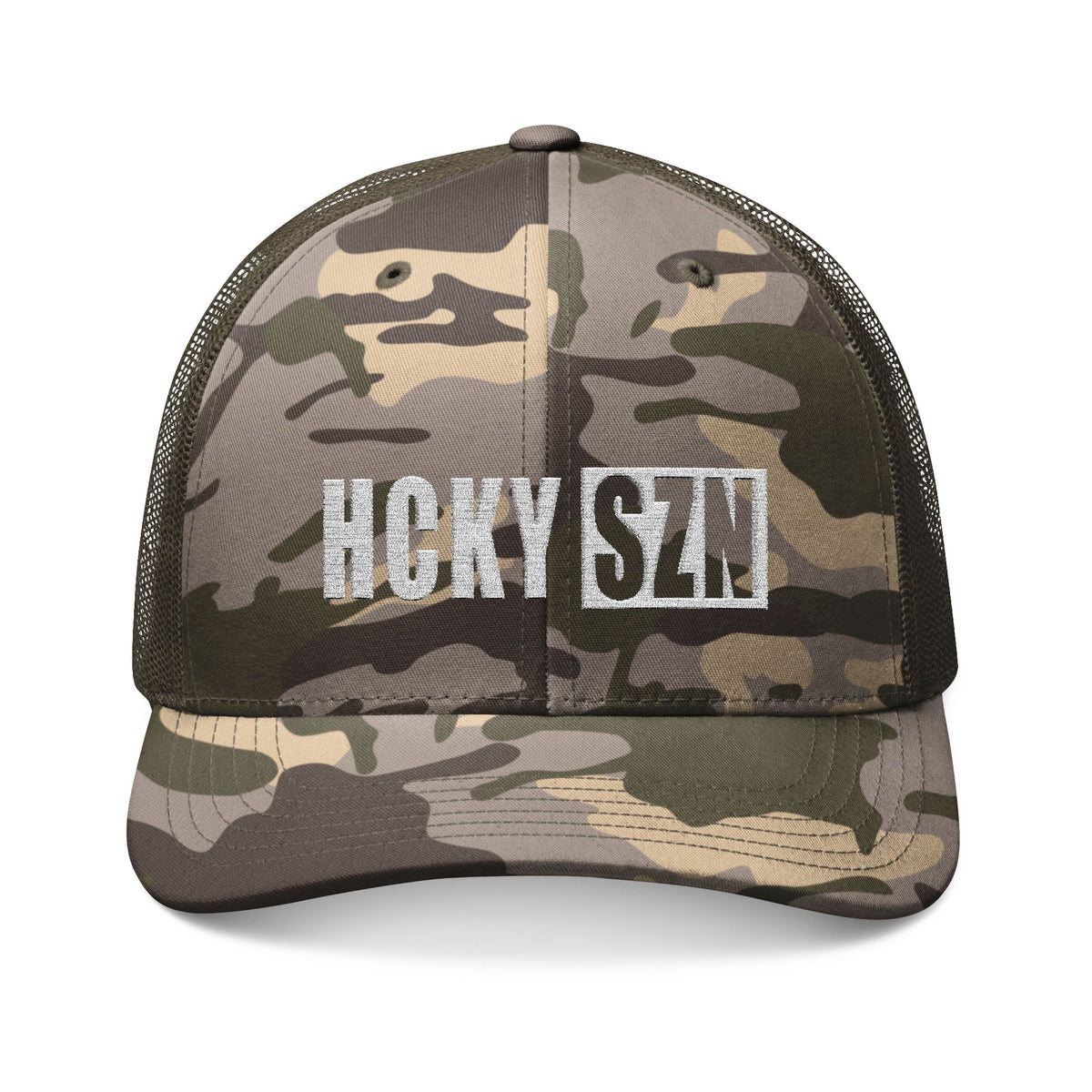 HCKY SZN Embroidered Olive Camo Trucker Hat