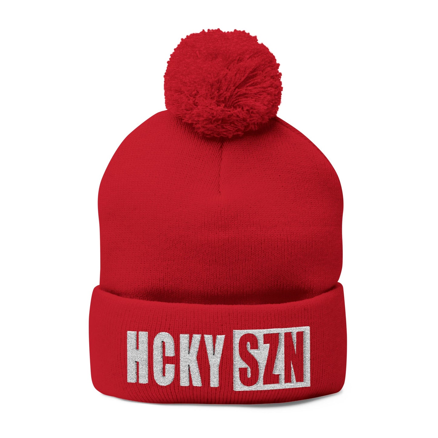 HCKY SZN Embroidered Pom-Pom Beanie - Red