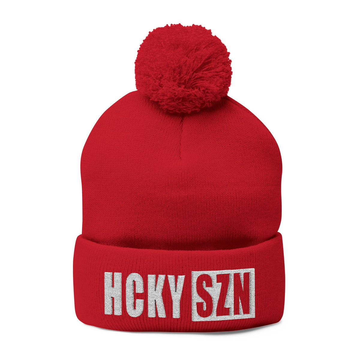 HCKY SZN Embroidered Pom-Pom Beanie - Red