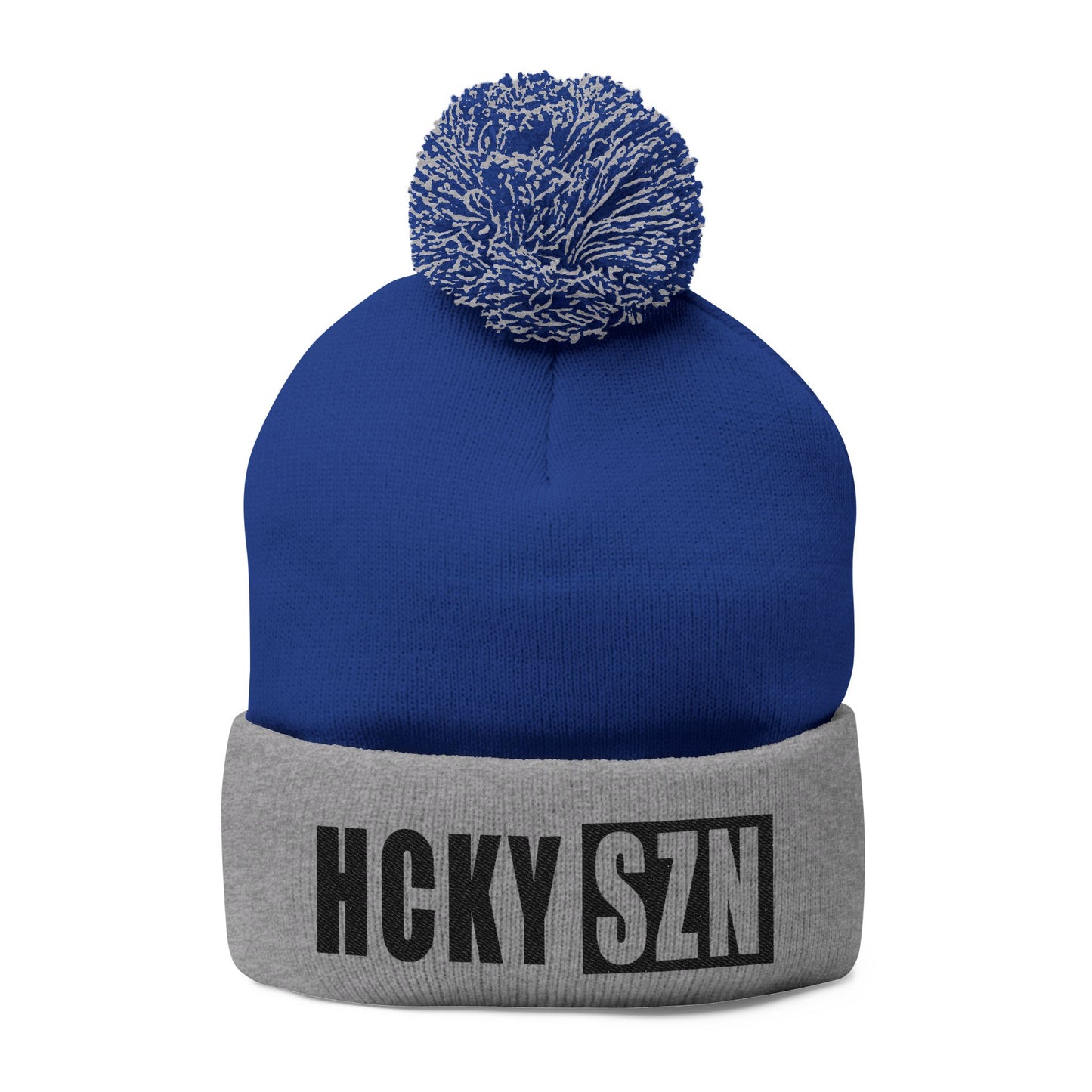 HCKY SZN Embroidered Pom-Pom Beanie - Royal/Grey