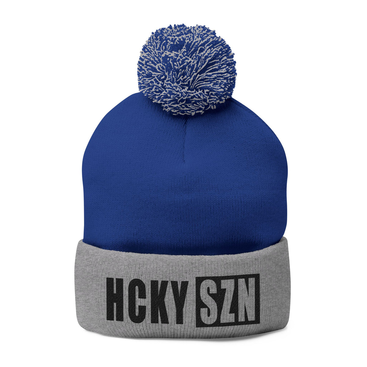HCKY SZN Embroidered Pom-Pom Beanie - Royal/Grey