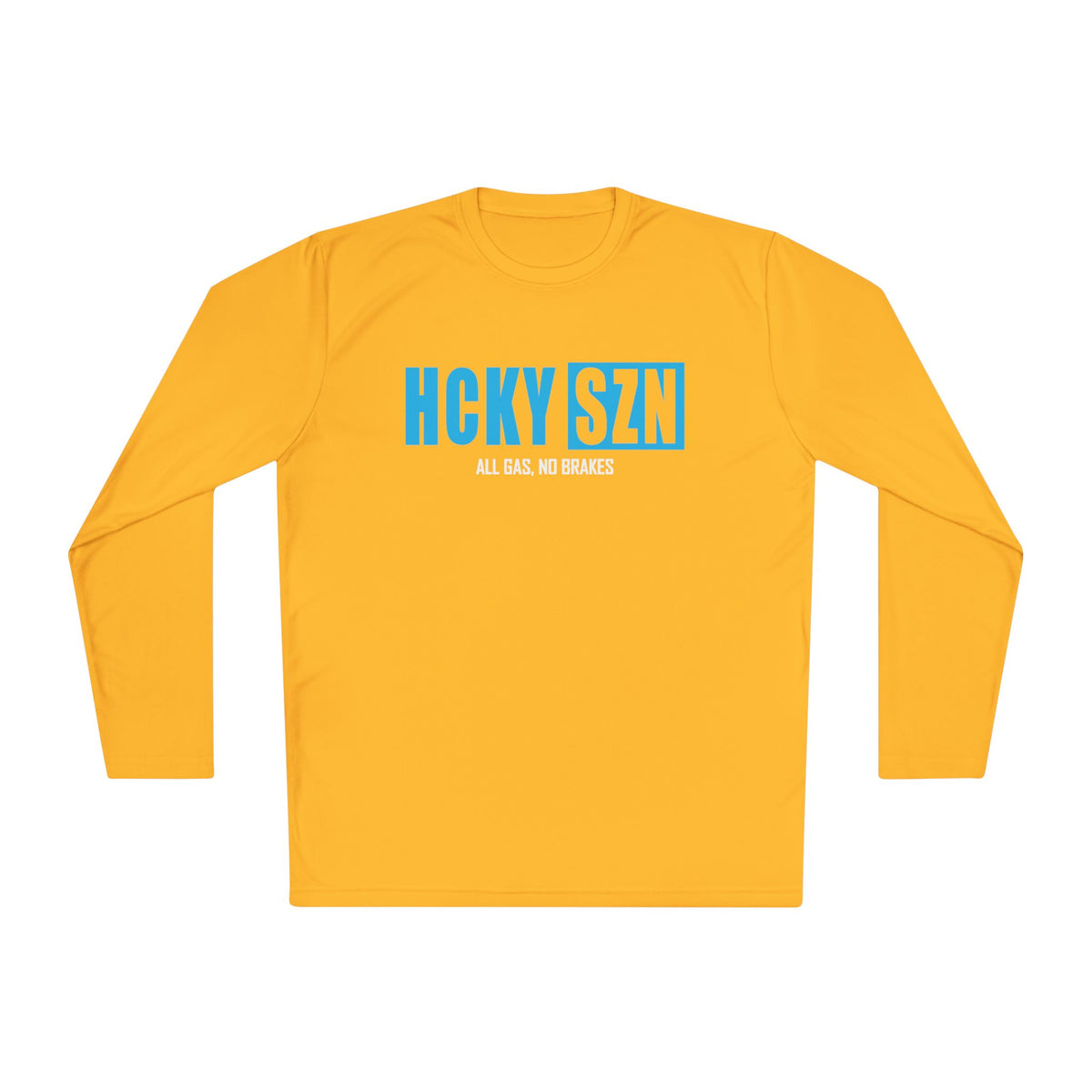 HCKYSZN (All Gas) Long Sleeve Adult Performance Tee - Gold/Sky Blue/White