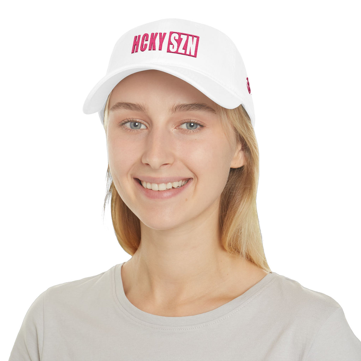 HCKY SZN Low Profile Embroidered Baseball Cap - White (Hot Pink Logo)