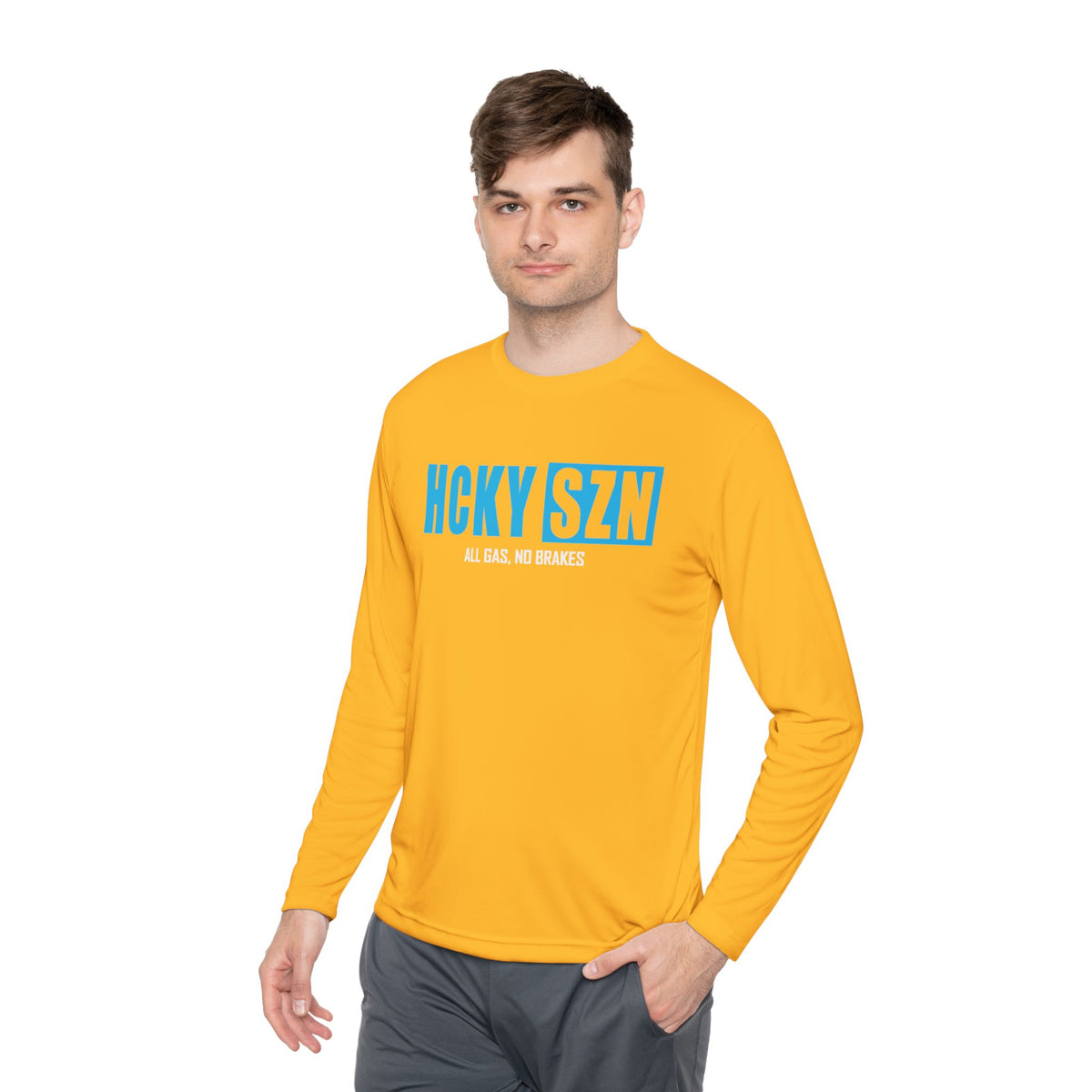 HCKYSZN (All Gas) Long Sleeve Adult Performance Tee - Gold/Sky Blue/White
