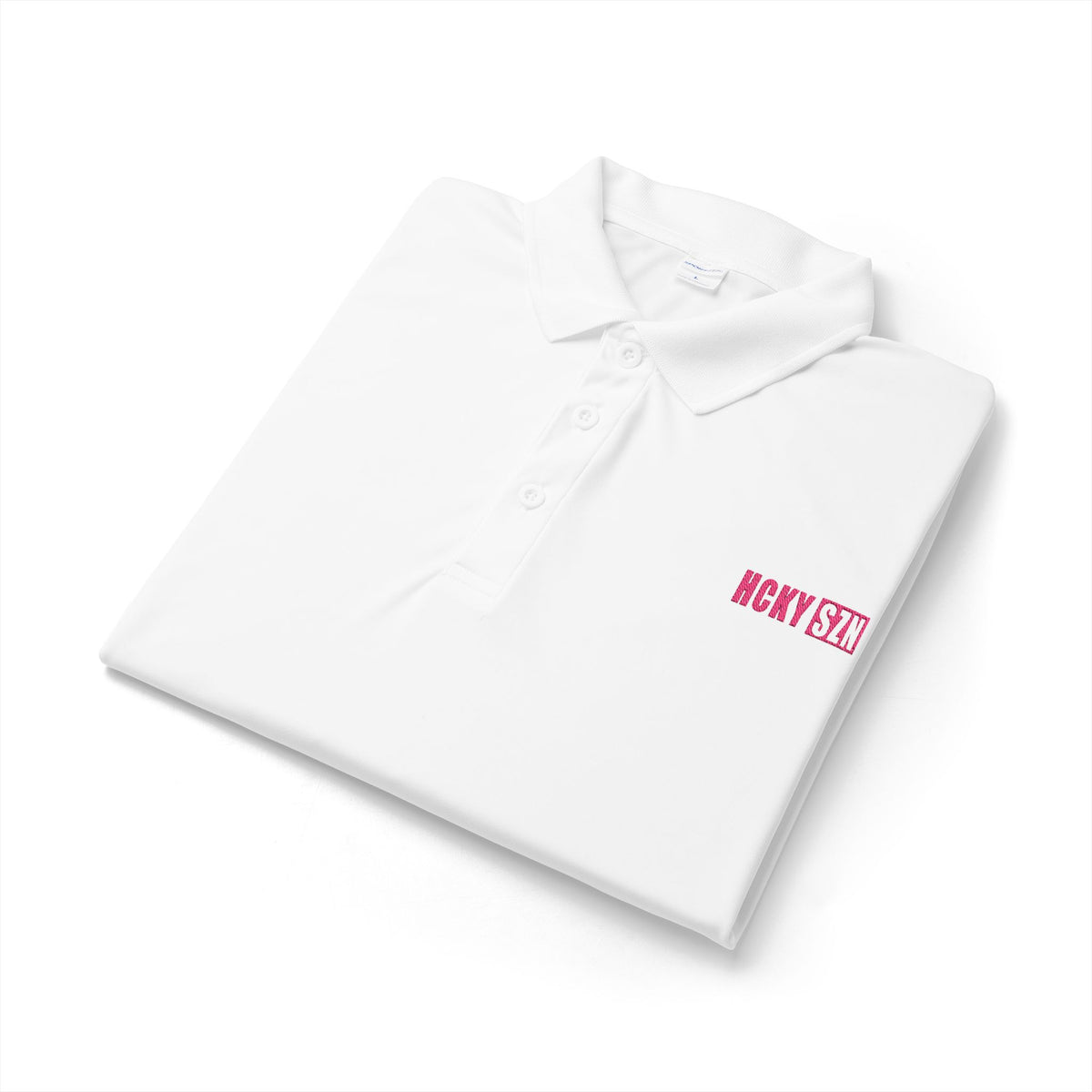 HCKY SZN Embroidered Performance Hockey Polo (White/Hot Pink Logo)