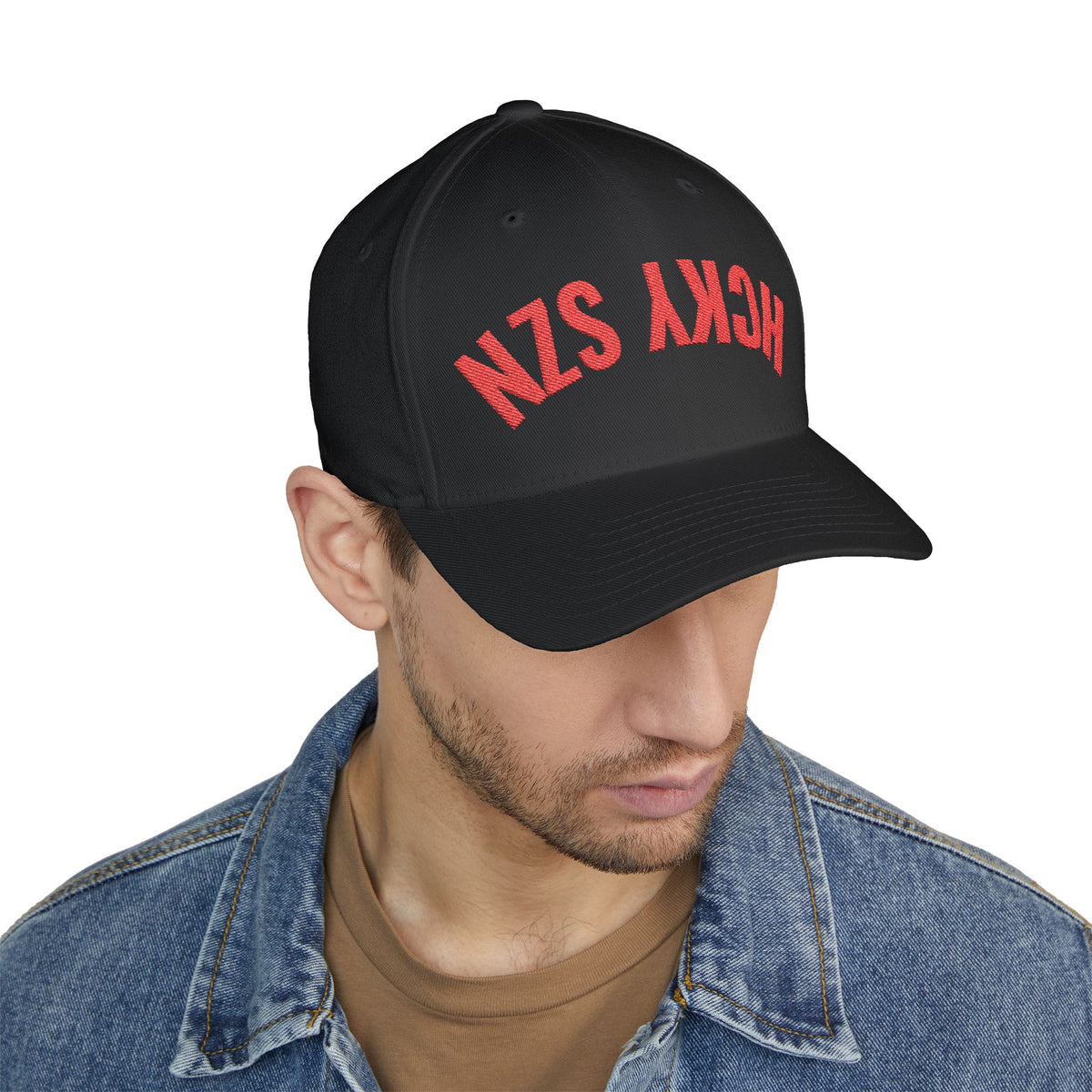 Upside Down HCKY SZN Embroidered Flex Fit Hat (Black/Red)