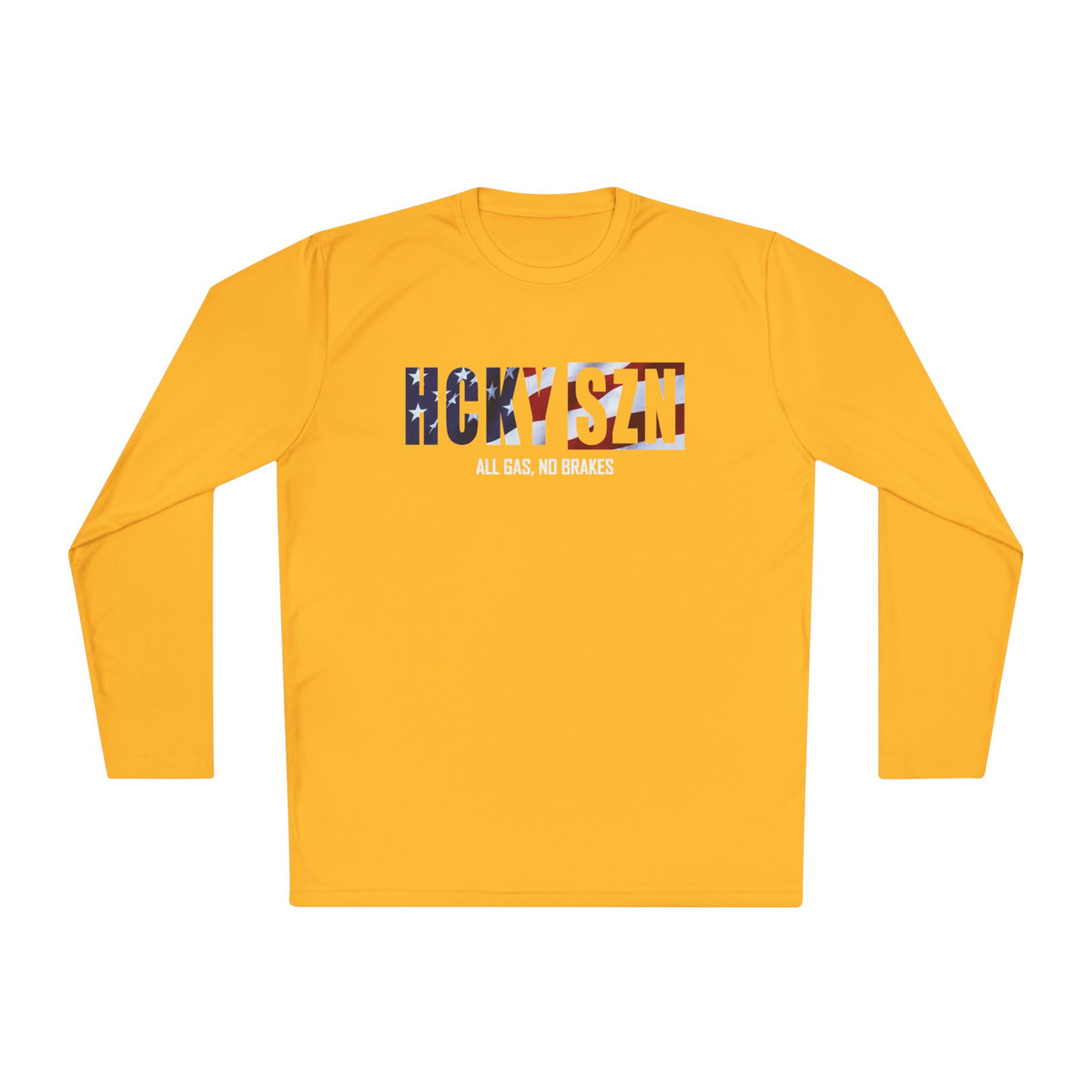 HCKYSZN (All Gas) Long Sleeve Adult Performance Tee - Gold/USA/White