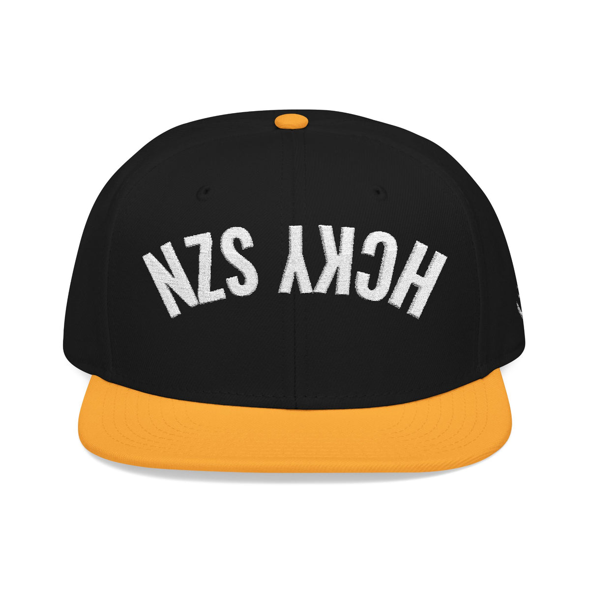 Upside Down HCKY SZN Embroidered Snapback Hat (Black/Gold)