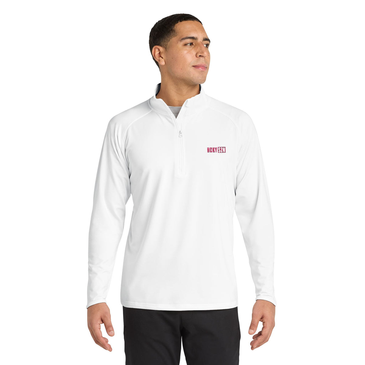 HCKY SZN Embroidered Quarter-Zip Pullover (White/Hot Pink)