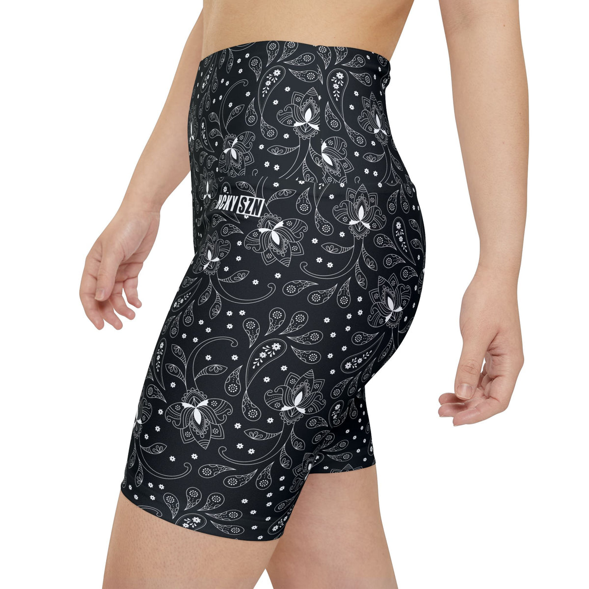 HKY SZN High Waisted Workout Shorts (Black Paisley)