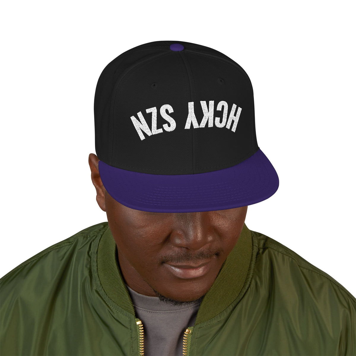 Upside Down HCKY SZN Embroidered Snapback Hat (Black/Purple)