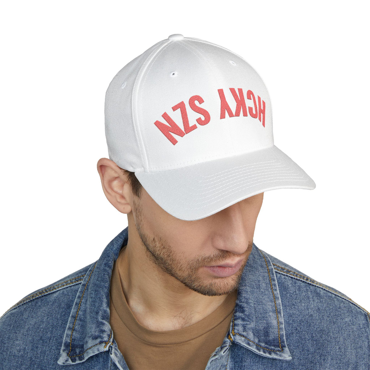 Upside Down HCKY SZN Embroidered Flex Fit Hat (White/Red)