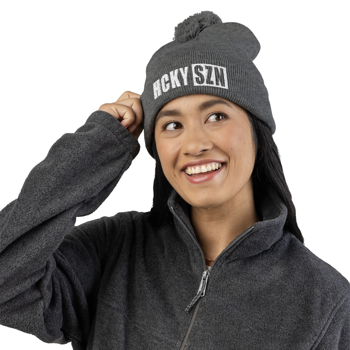 HCKY SZN Embroidered Pom-Pom Beanie - Dark Grey