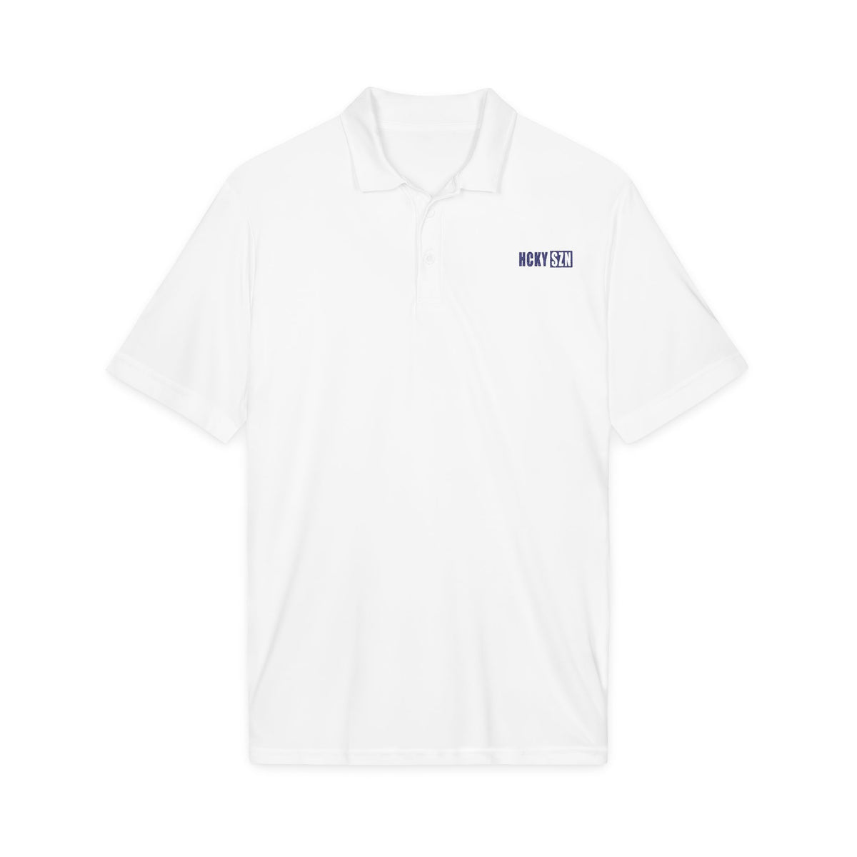 HCKY SZN Embroidered Performance Hockey Polo (White/Royal Logo)