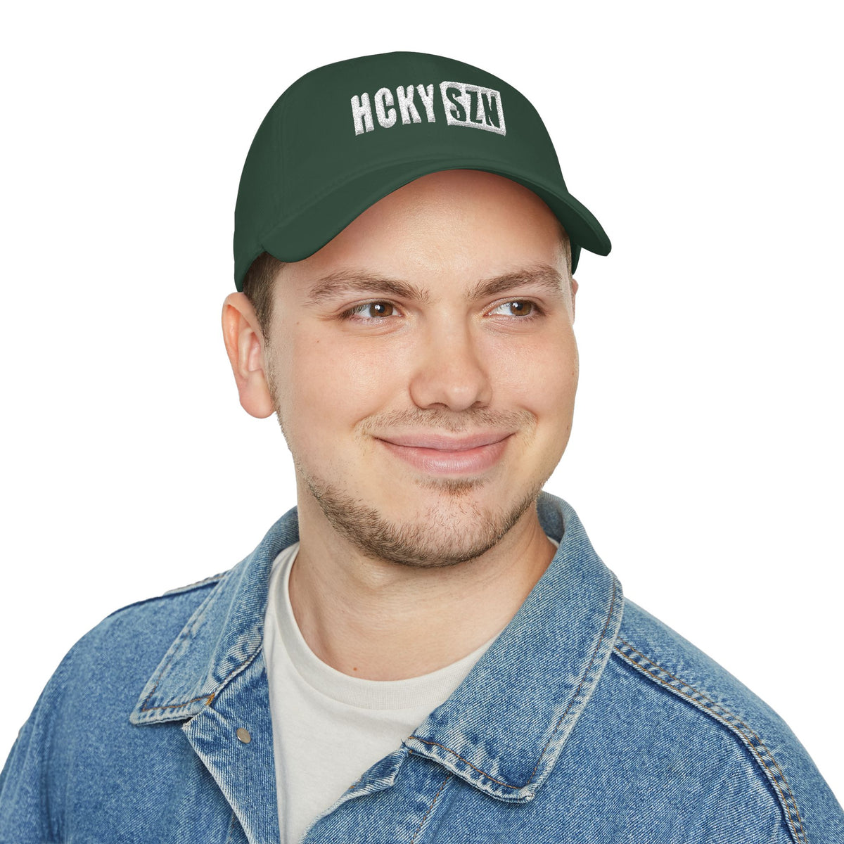 HCKY SZN Low Profile Embroidered Baseball Cap - Forest Green (White Logo)